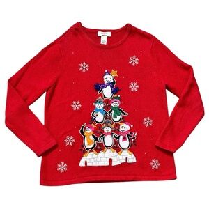 Bechamel Christmas Sweater Holiday Penguins Snowflakes Embroidery M Medium